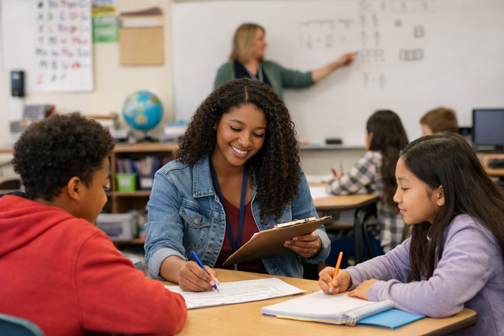 Future teachers working in a classroom with K-12 students