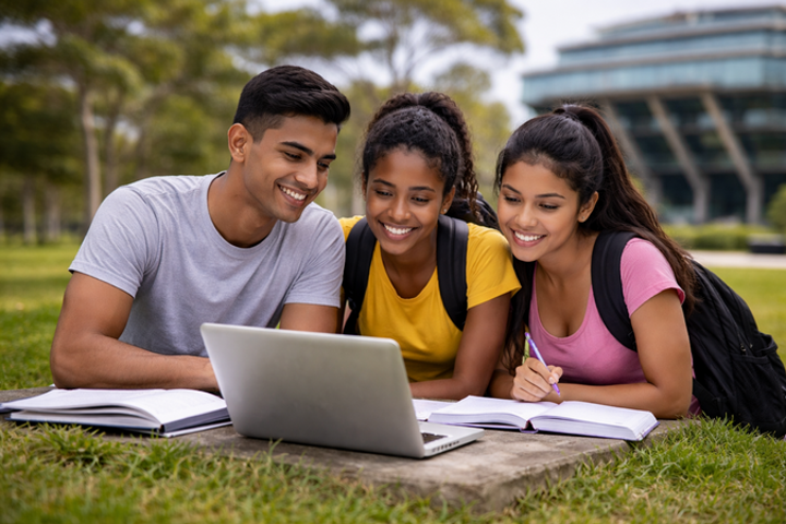 UC San Diego undergraduate students studying together on campus
